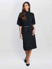 Gina Bacconi Alaura Belted Knit Midi Black Dress - Image 3 of 6