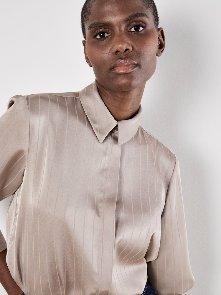 Apricot Natural Satin Self Stripe Oversized Blouse - Image 5 of 5