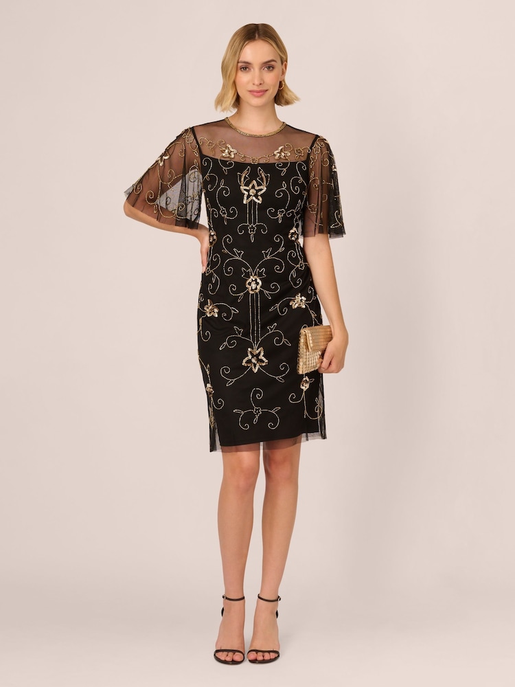 Adrianna Papell Studio Beaded Illusion Neck Black Dress - Image 1 of 6 Adrianna Papell Studio Beaded Illusion Neck Black Dress - Image 1 of 6
