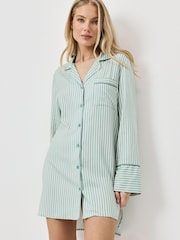 Aruelle Green Muted Striped Nightshirt With Tonal Piping - Image 1 of 3