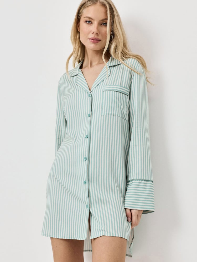Aruelle Green Muted Striped Nightshirt With Tonal Piping - Image 1 of 3 Aruelle Green Muted Striped Nightshirt With Tonal Piping - Image 1 of 3