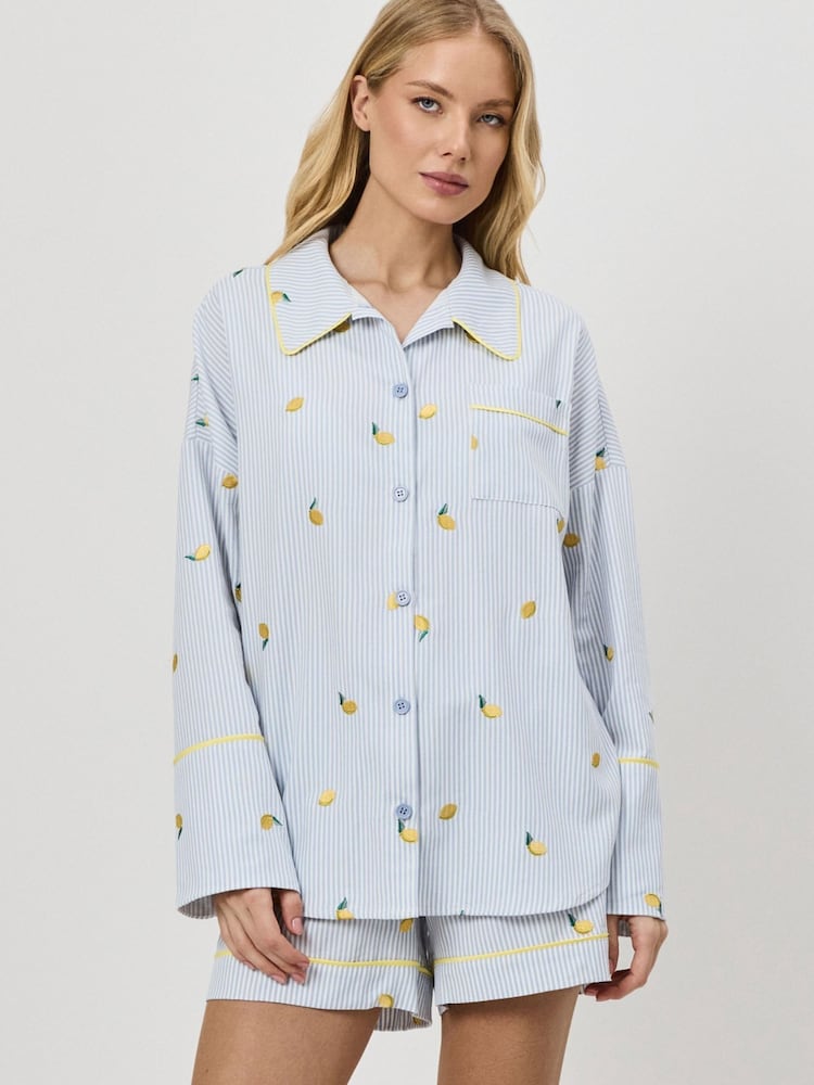 Aruelle Blue Lenora Embroidered Striped Short Pyjamas Set - Image 1 of 3