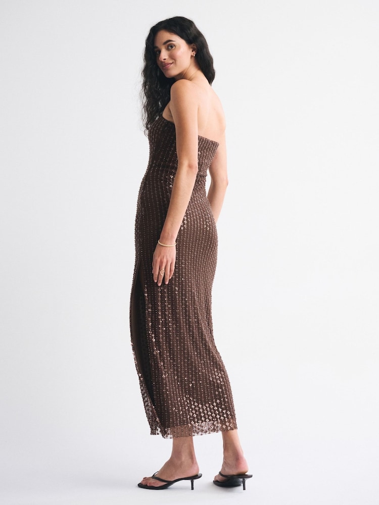 Abercrombie & Fitch Beaded Bandeau Maxi Dress In Brown Sequin - Size: L