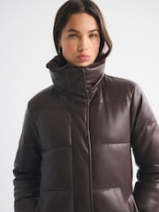 Abercrombie & Fitch Brown Faux Leather Long Puffer Jacket - Image 4 of 8