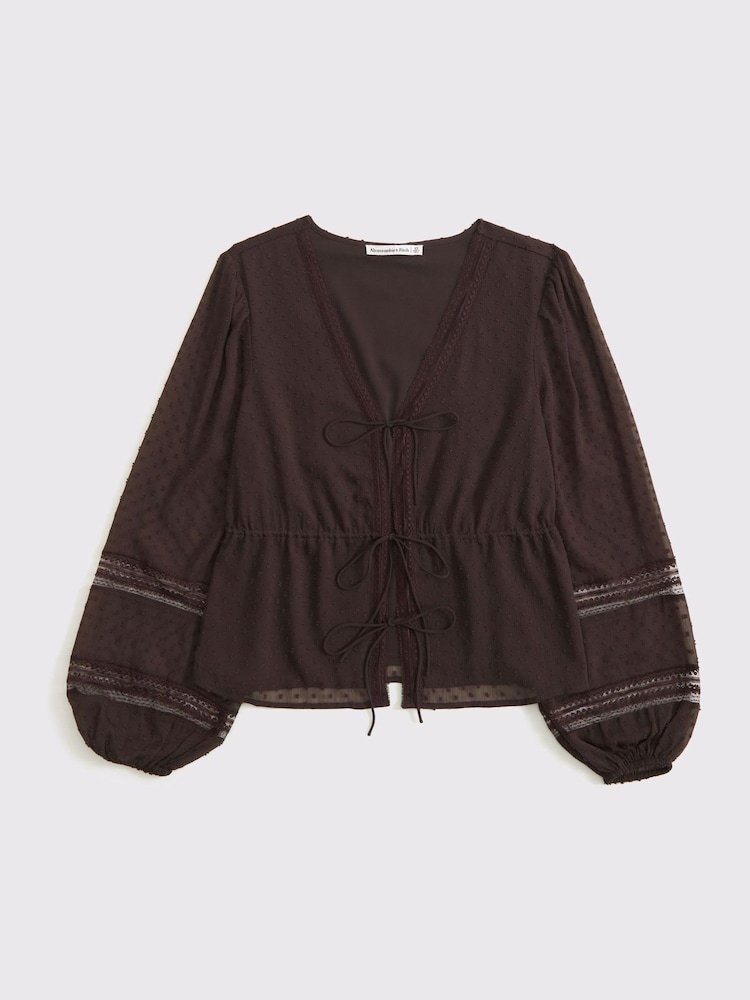 Abercrombie & Fitch Brown Long Sleeve Tie Front Blouse - Image 6 of 6
