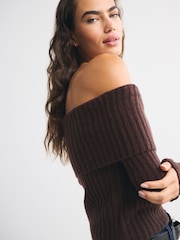 Abercrombie & Fitch Brown Off-The-Shoulder Ribbed Sweatshirt - Image 4 of 7