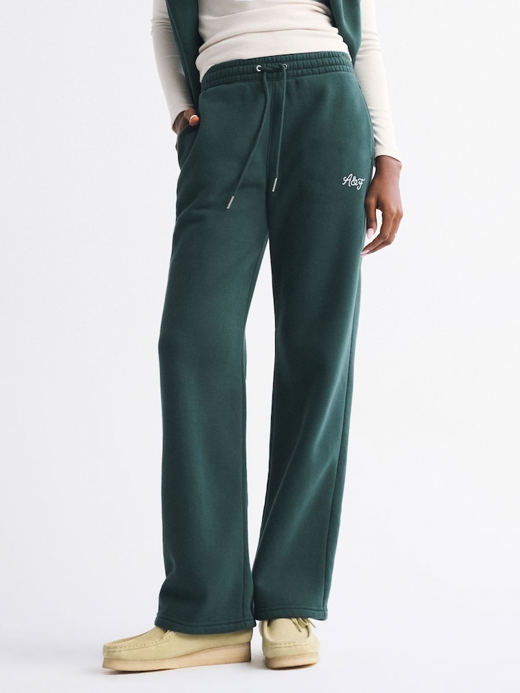 Abercrombie & Fitch Green Fleece Lined Logo Fleece Straight Joggers - Image 2 of 7 Abercrombie & Fitch Green Fleece Lined Logo Fleece Straight Joggers - Image 2 of 7