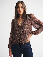 Abercrombie & Fitch Brown Long Sleeve Tie Front Blouse - Image 1 of 7