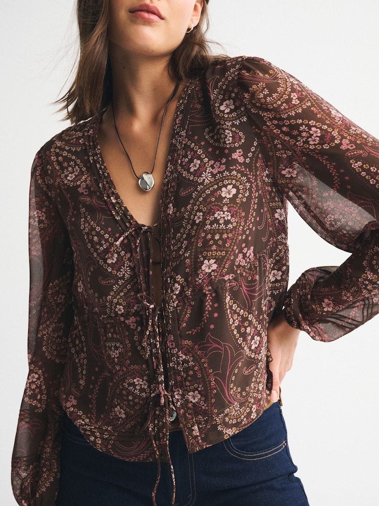 Abercrombie & Fitch Brown Long Sleeve Tie Front Blouse - Image 2 of 7