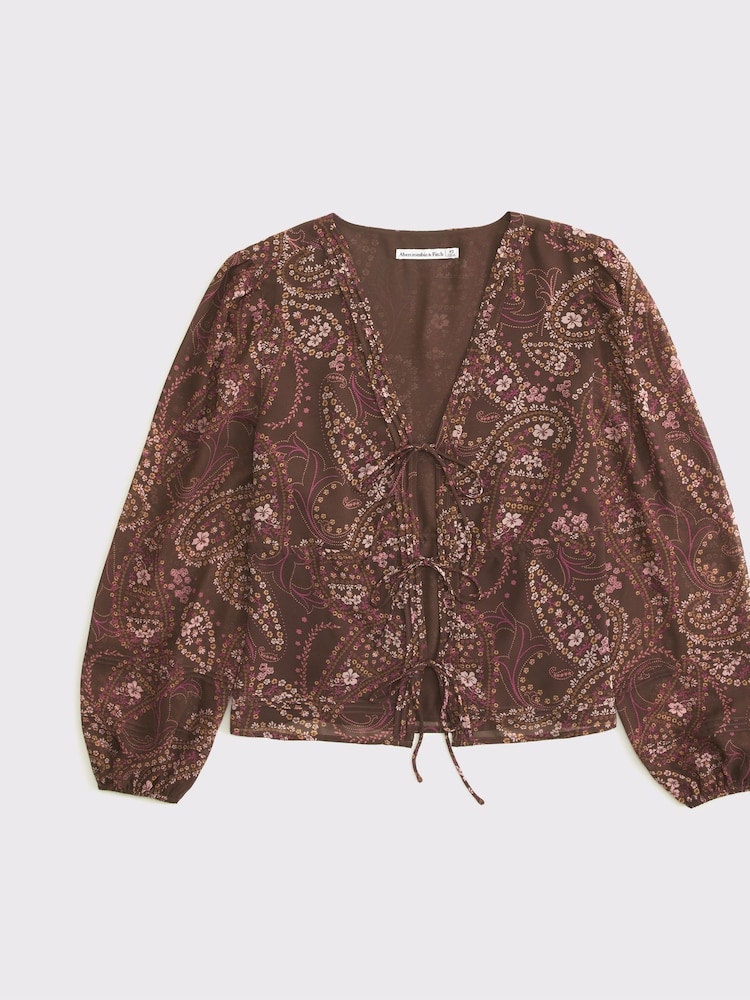 Abercrombie & Fitch Brown Long Sleeve Tie Front Blouse - Image 7 of 7