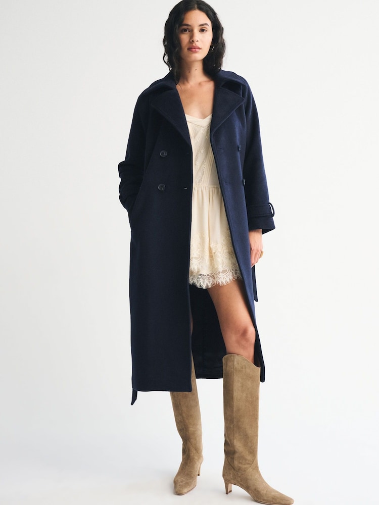 Abercrombie & Fitch Blue Wool Long Trench Coat - Image 1 of 8 Abercrombie & Fitch Blue Wool Long Trench Coat - Image 1 of 8