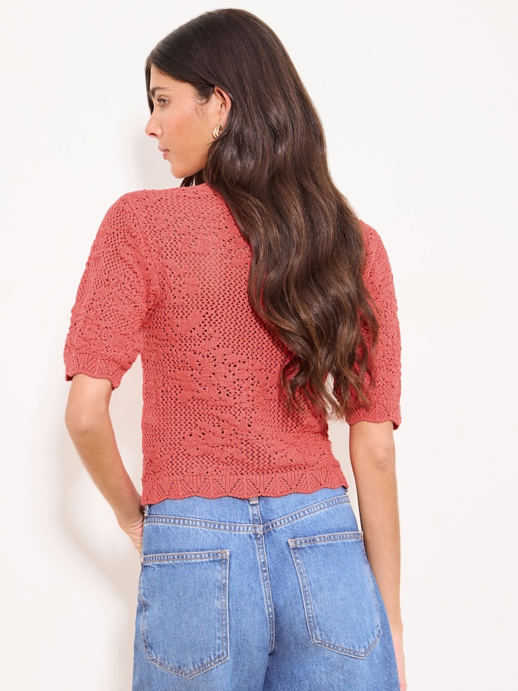 Lipsy Red Stitchy Crochet Short Sleeve Buttoned Knitted Cardigan - Image 2 of 4