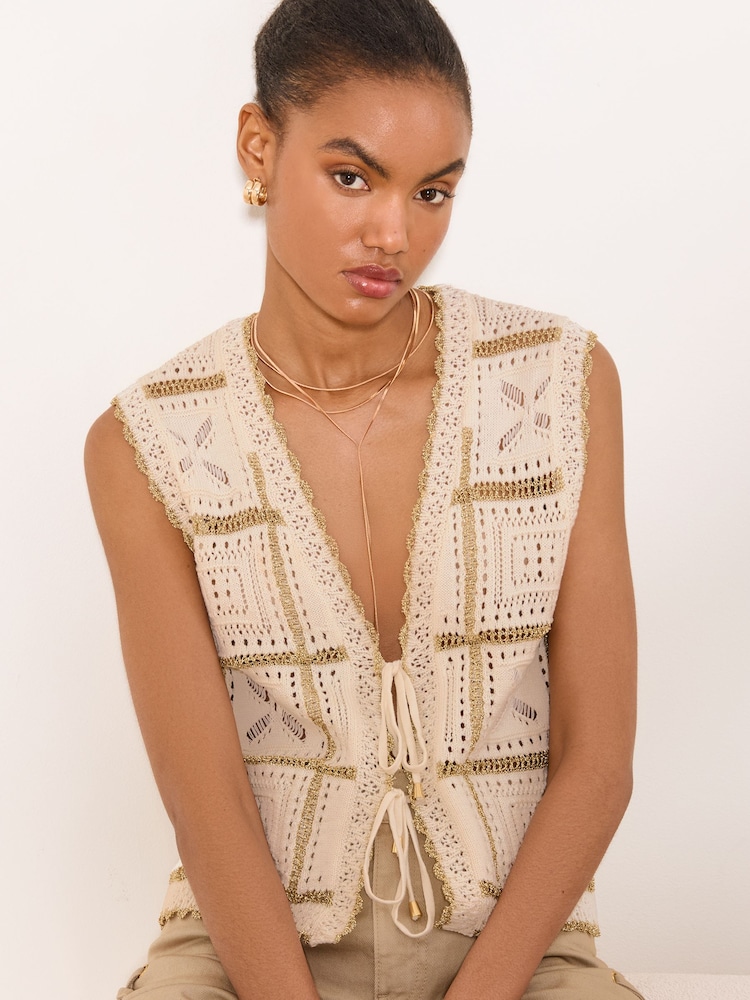 Lipsy Cream/Gold Metallic Crochet Tie Front Knit Waistcoat - Image 1 of 5