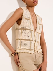 Lipsy Cream/Gold Metallic Crochet Tie Front Knit Waistcoat - Image 2 of 5