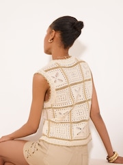 Lipsy Cream/Gold Metallic Crochet Tie Front Knit Waistcoat - Image 5 of 5