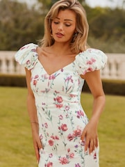 Lipsy Sage Green Floral Puff Sleeve Bardot Fit And Flare Midi Dress - Image 2 of 4