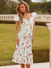 Lipsy Sage Green Floral Puff Sleeve Bardot Fit And Flare Midi Dress - Image 3 of 4