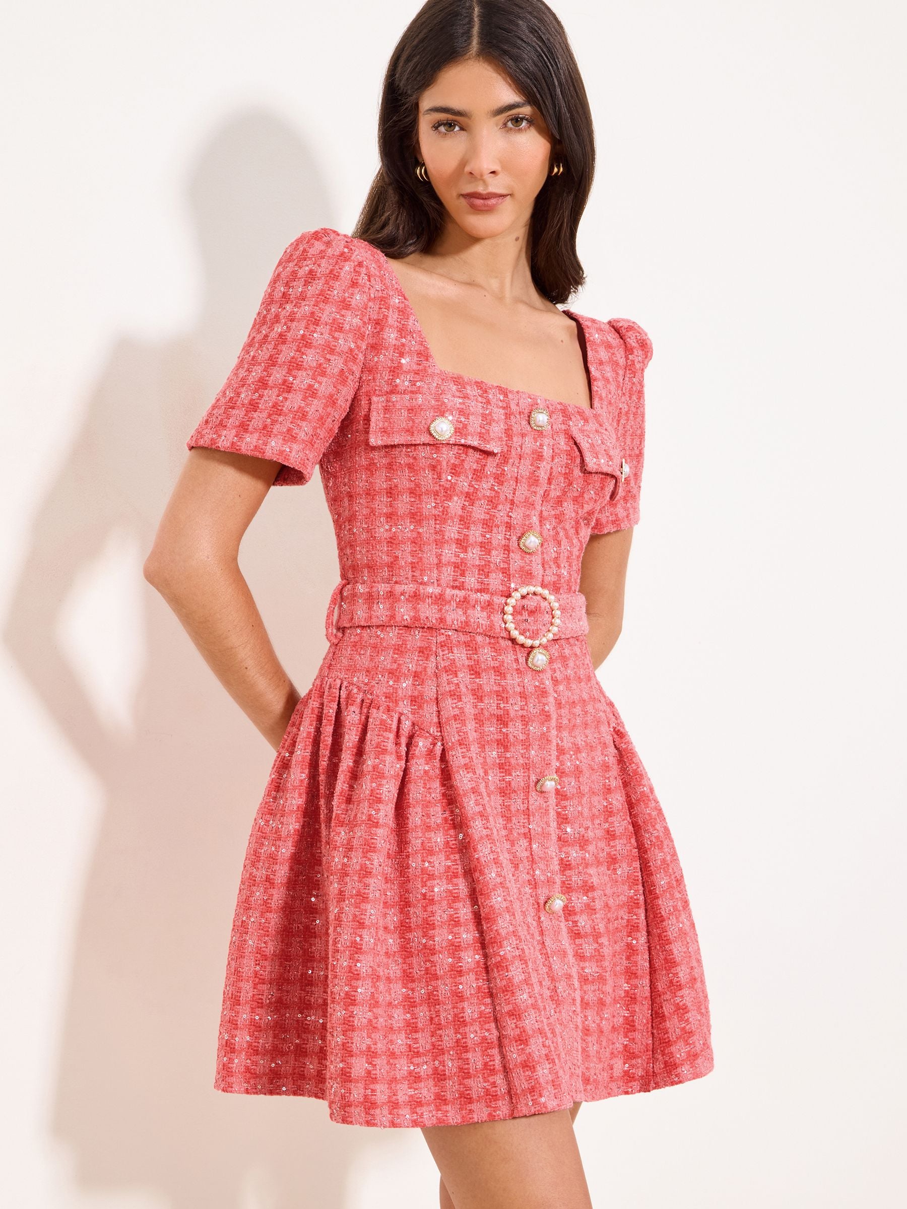 Buy Lipsy Coral Pink Boucle Check Square Neck Diamante Button