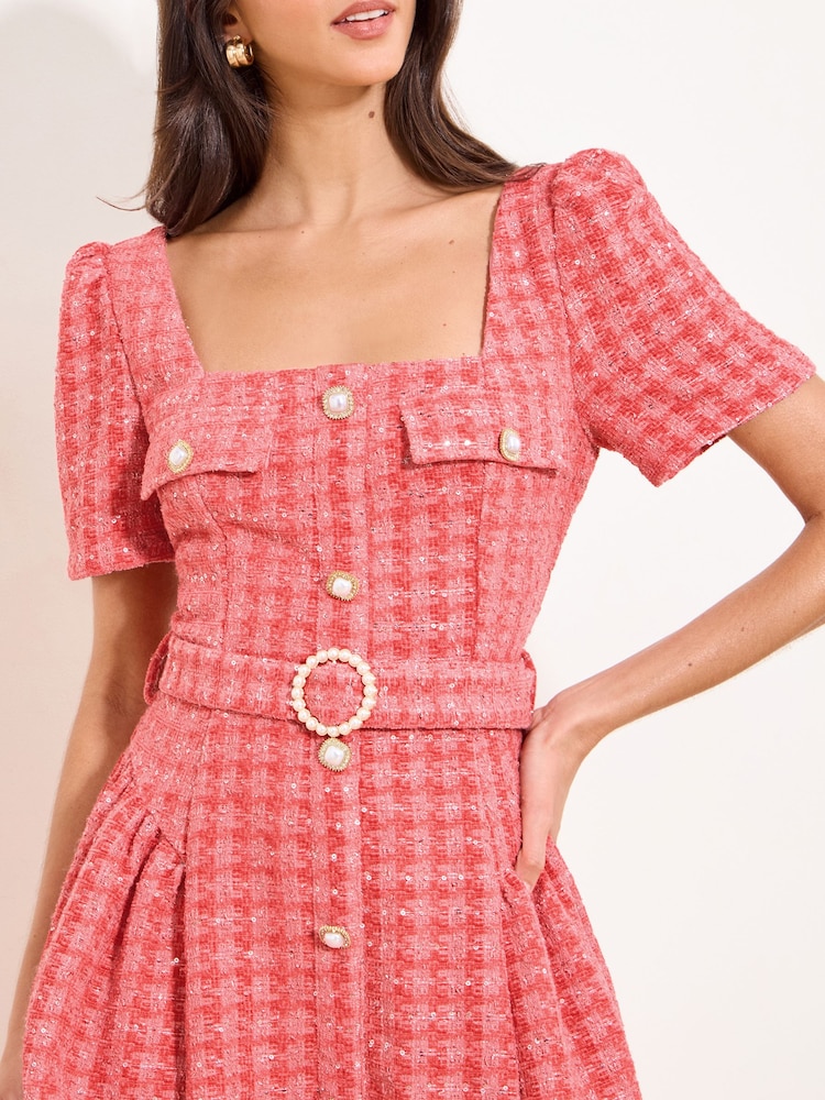 Lipsy Boucle Check Square Neck Diamante Button Belted Mini Dress - Bild 2 von 4 Lipsy Boucle Check Square Neck Diamante Button Belted Mini Dress - Bild 2 von 4