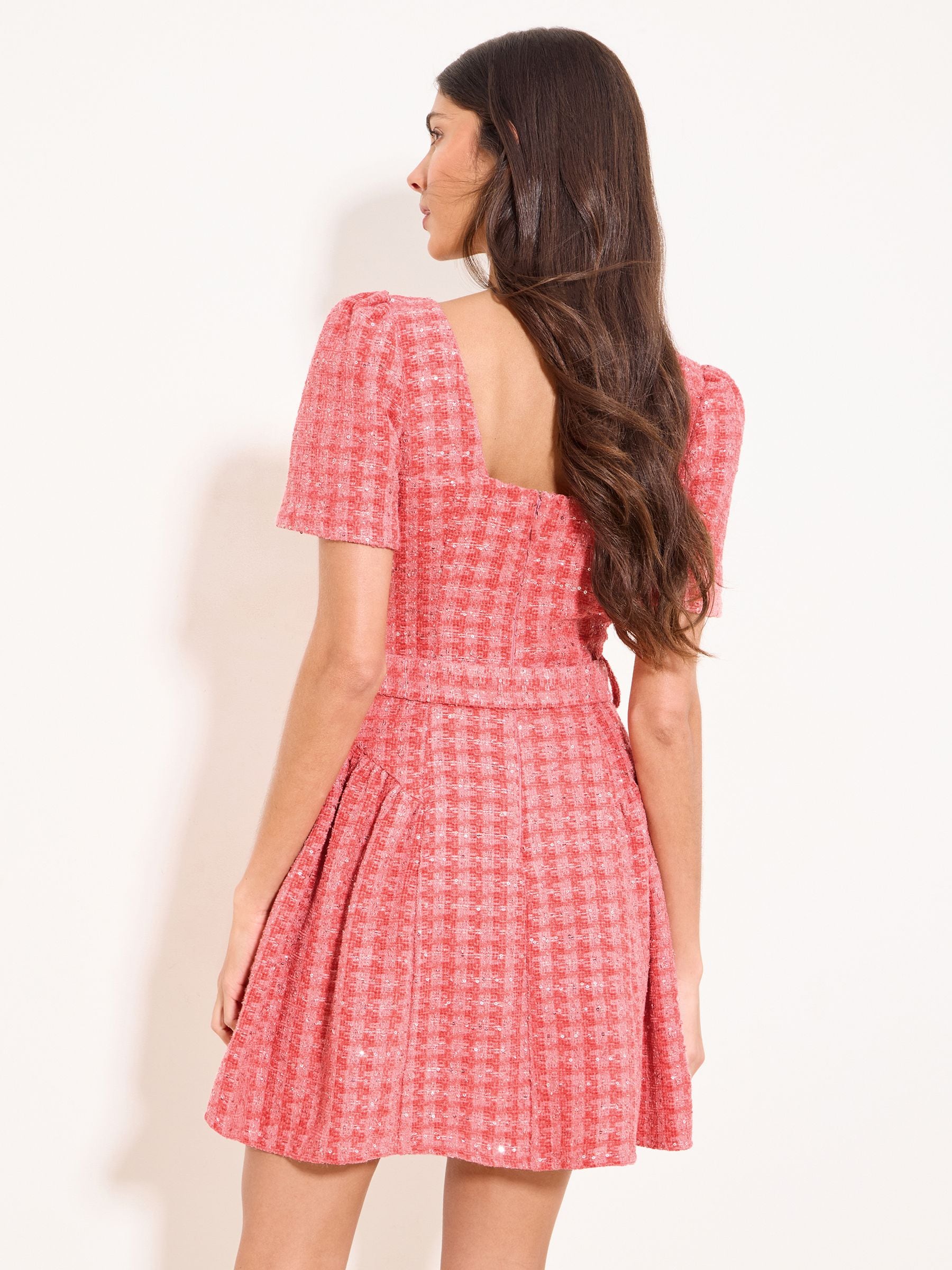 Buy Lipsy Coral Pink Boucle Check Square Neck Diamante Button