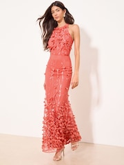 Lipsy Coral Pink Petite 3D Halter Textured Maxi Dress - Image 1 of 4
