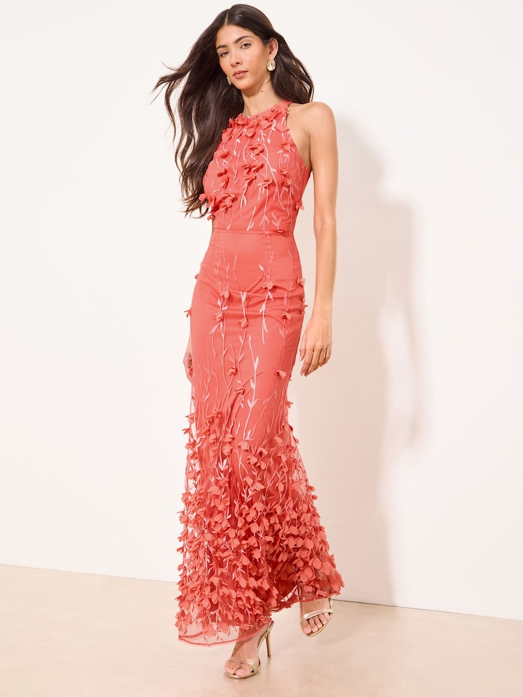 Lipsy Coral Pink Petite 3D Halter Textured Maxi Dress - Image 1 of 4
