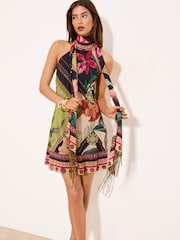 Lipsy Black Embrodiery Fringe Scarf Swing Mini Dress - Image 1 of 4