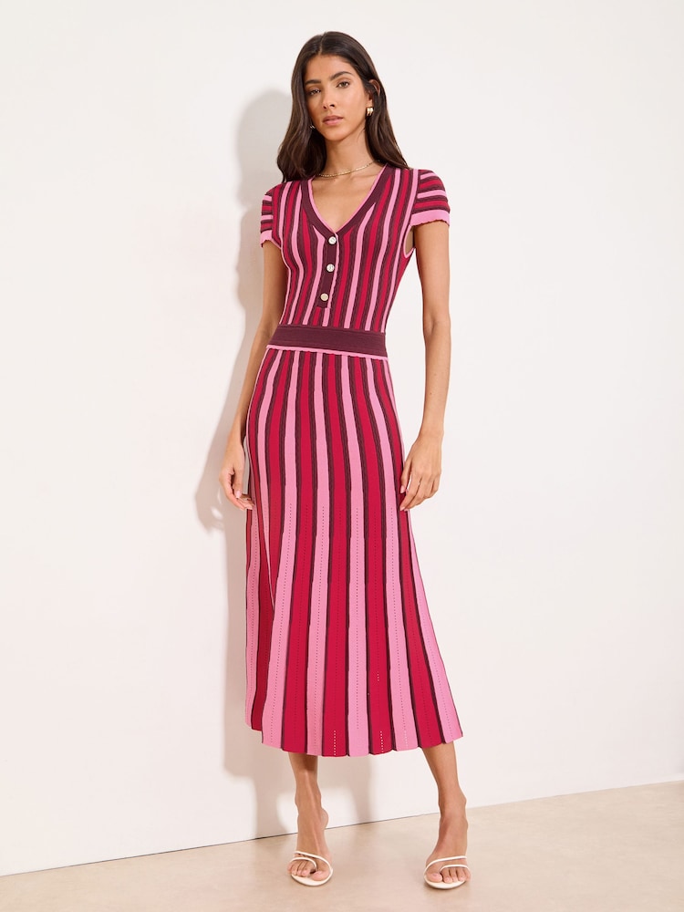 Lipsy Red/Pink Stripe V-Neck Buttoned Short Sleeve Knit Midi Dress - Image 1 of 4