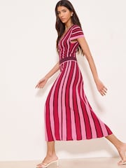 Lipsy Red/Pink Stripe V-Neck Buttoned Short Sleeve Knit Midi Dress - Image 3 of 4