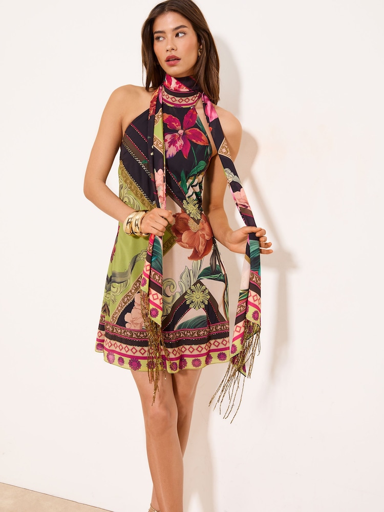 Lipsy Black Petite Embrodiery Fringe Scarf Swing Mini Dress - Image 1 of 4