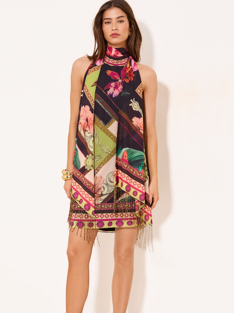 Lipsy Black Petite Embrodiery Fringe Scarf Swing Mini Dress - Image 2 of 4