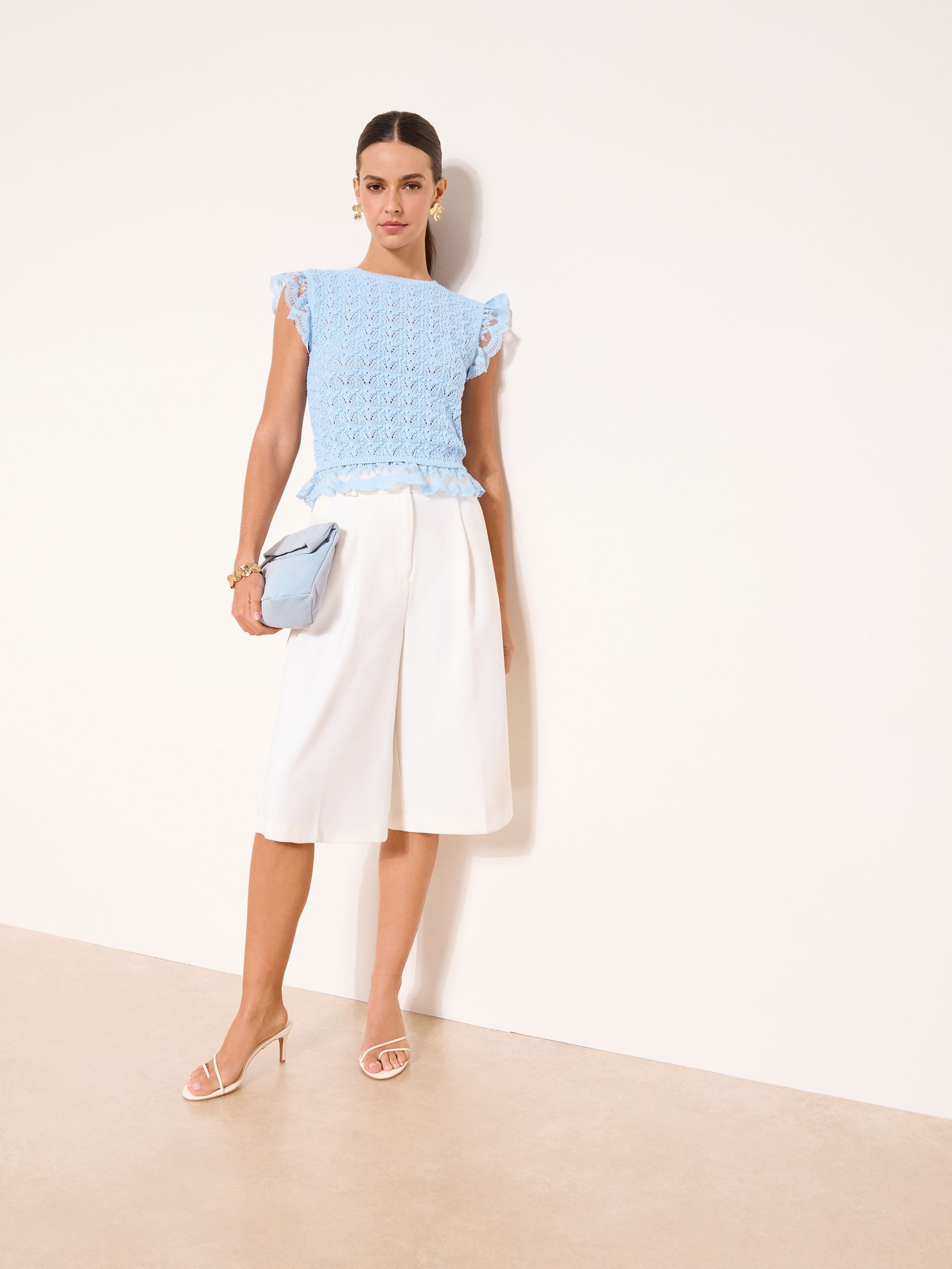 Buy Lipsy Blue Lace Frill Trim Crochet Knit Top from the Next UK