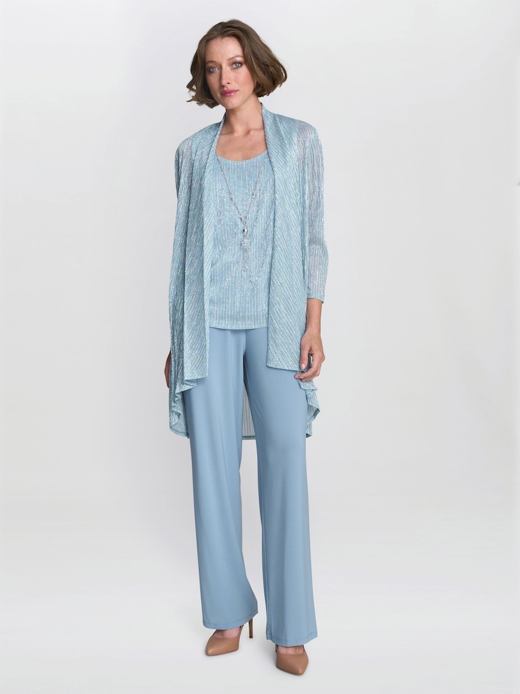 Gina Bacconi Blue Tina Three Piece Metallic Crinkle Jacket, Vest and Trouser Set - Image 1 of 6