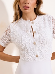 Lipsy White Petite Embroidery Lace Detail Buttoned Knitted Mini Dress - Image 2 of 4