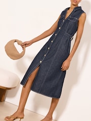 Lipsy Rinse Blue Wash Petite Buckle Detail Midi Dress - Image 3 of 5