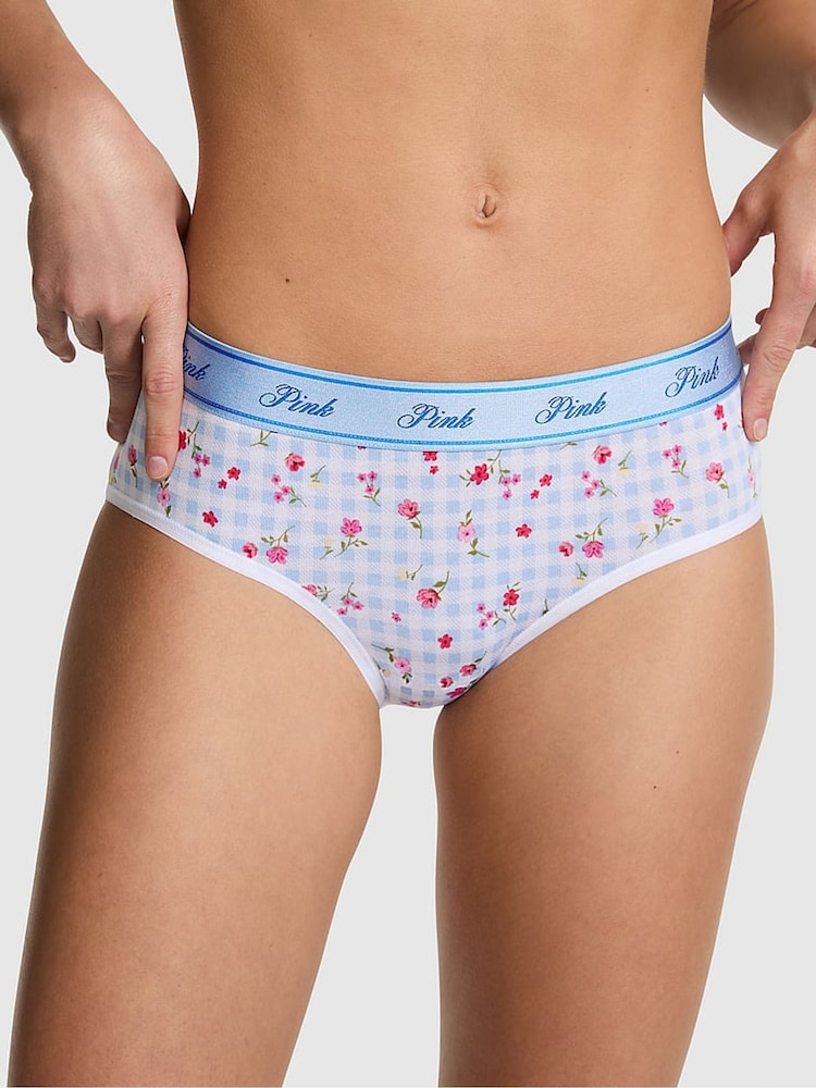 Victoria's Secret PINK Blue Gingham Floral Print Hipster Cotton Logo Knickers - Image 1 of 2 Victoria's Secret PINK Blue Gingham Floral Print Hipster Cotton Logo Knickers - Image 1 of 2