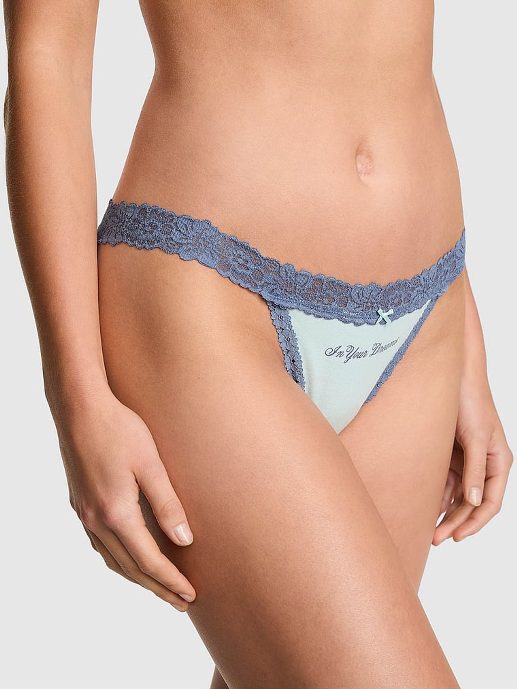 Victoria's Secret PINK Spray Blue 'In Your Dreams' String Bikini Cotton Lace Trim Knickers