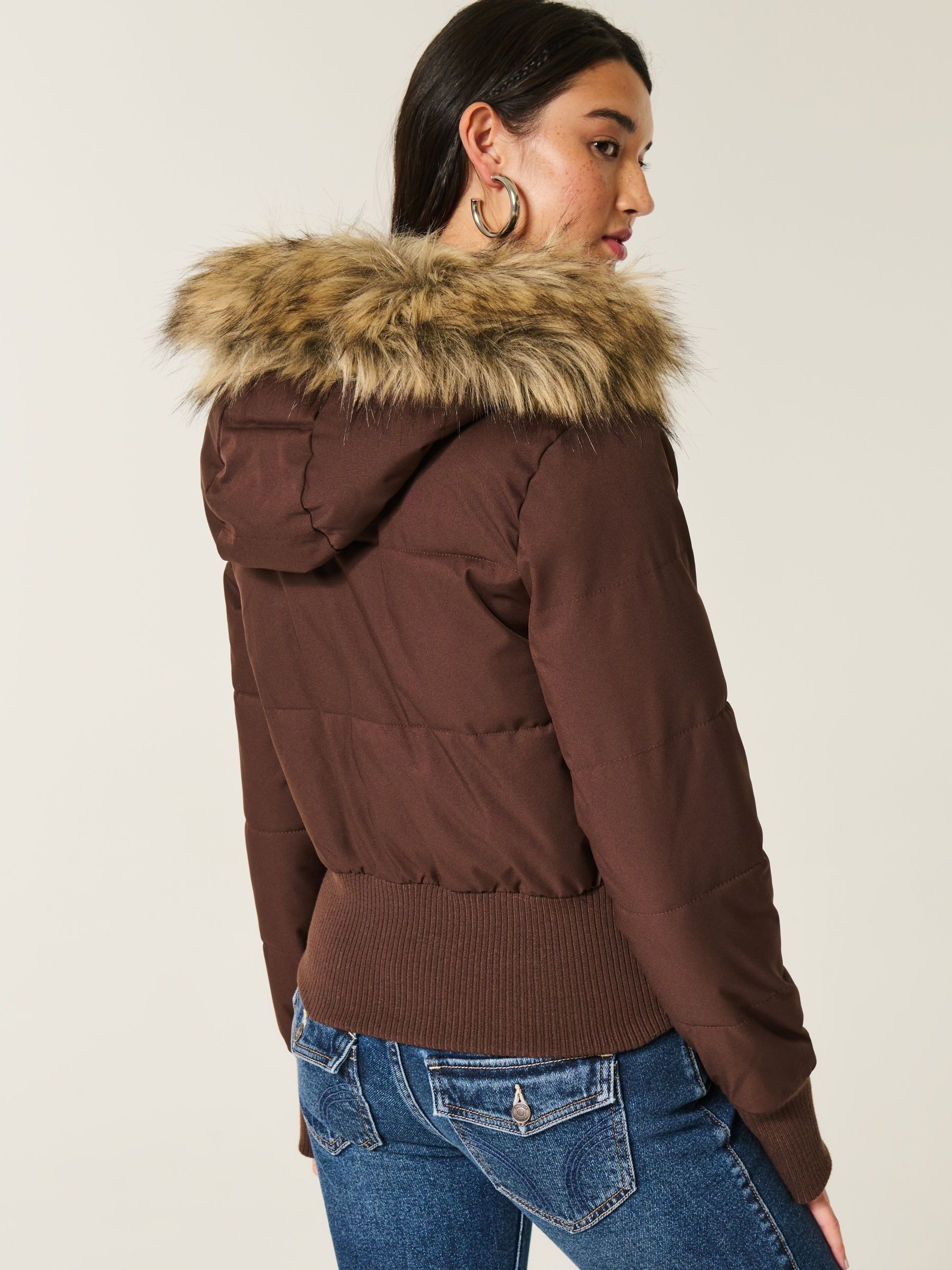 HOLLISTER ファー付きジャケット M ブラウン Buy Hollister Bomber Coat With Faux Fur Hood from Next USA