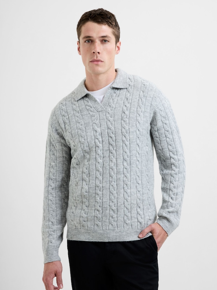 French Connection Grey Cable Knit Open V-Neck Collar Long Sleeve Jumper - Image 1 of 5 French Connection Grey Cable Knit Open V-Neck Collar Long Sleeve Jumper - Image 1 of 5