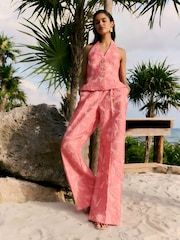 Roz coral - Friends Like These Premium Floral Jacquard Wide Leg Trousers - Imaginea 1 din 4