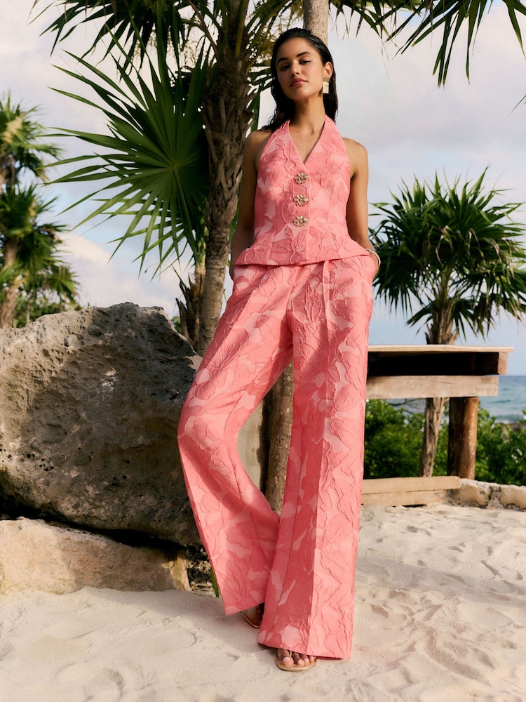 Roz coral - Friends Like These Premium Floral Jacquard Wide Leg Trousers - Imaginea 1 din 4