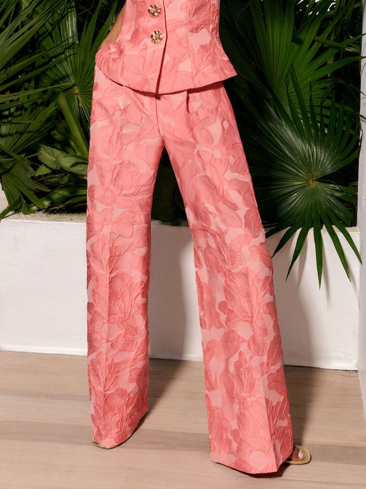 Roz coral - Friends Like These Premium Floral Jacquard Wide Leg Trousers - Imaginea 2 din 4