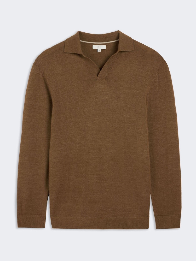 MOSS Brown Merino-Blend Skipper Polo Shirt - Image 4 of 4 MOSS Brown Merino-Blend Skipper Polo Shirt - Image 4 of 4