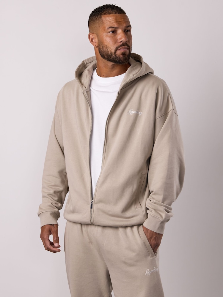 Gym King Light Sand Script Relaxed Fit Full Zip Hoodie - Image 1 of 4 Gym King Light Sand Script Relaxed Fit Full Zip Hoodie - Image 1 of 4