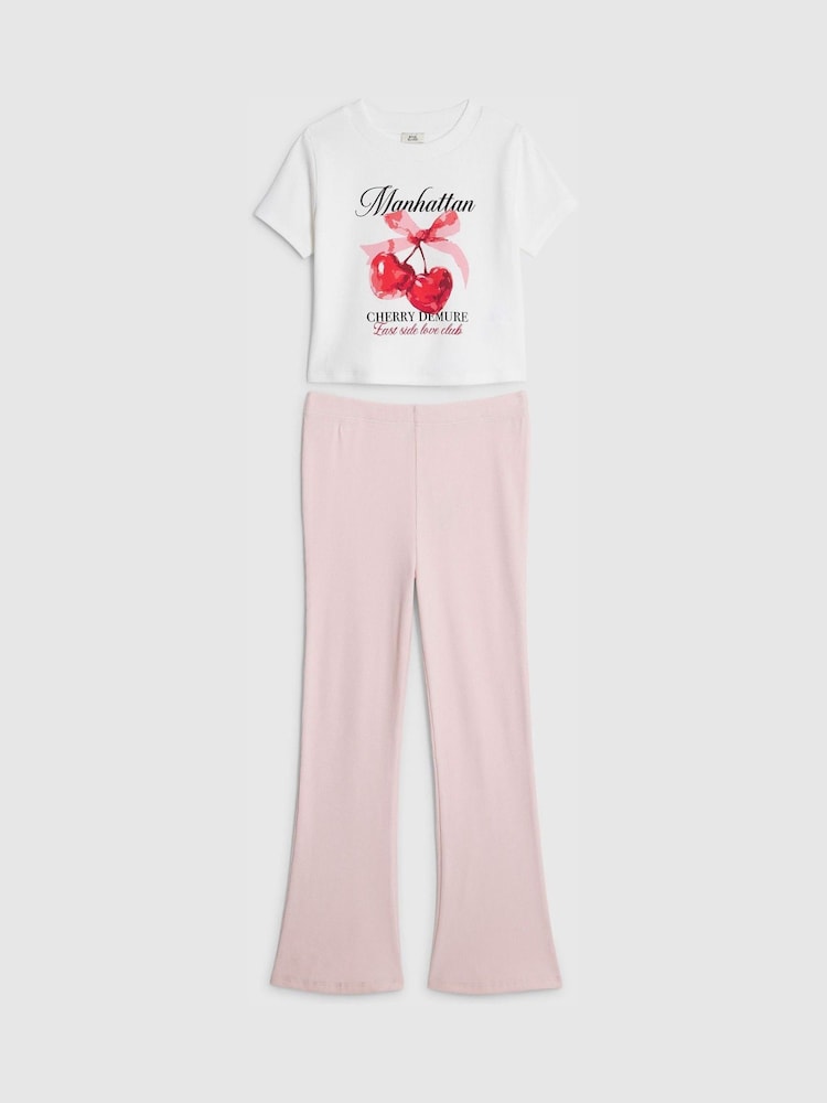 River Island White Cherry Demure Baby T-Shirt & Kickflare Set - Image 1 of 4