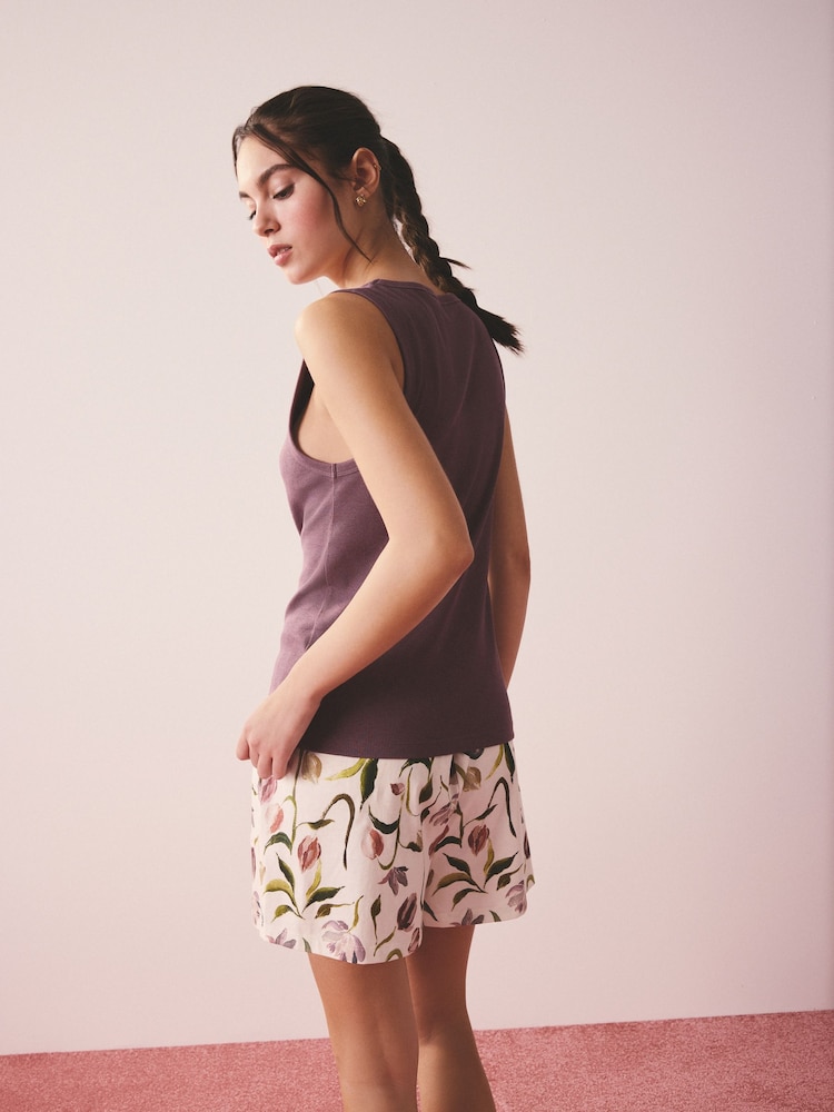 Lilac Purple Floral Rib Vest Short Pyjamas Set - Image 2 of 3
