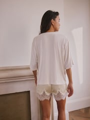 Cream/Yellow Lace Detail Short Pyjamas Set - Image 6 of 11