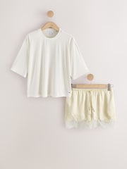 Cream/Yellow Lace Detail Short Pyjamas Set - Image 9 of 11
