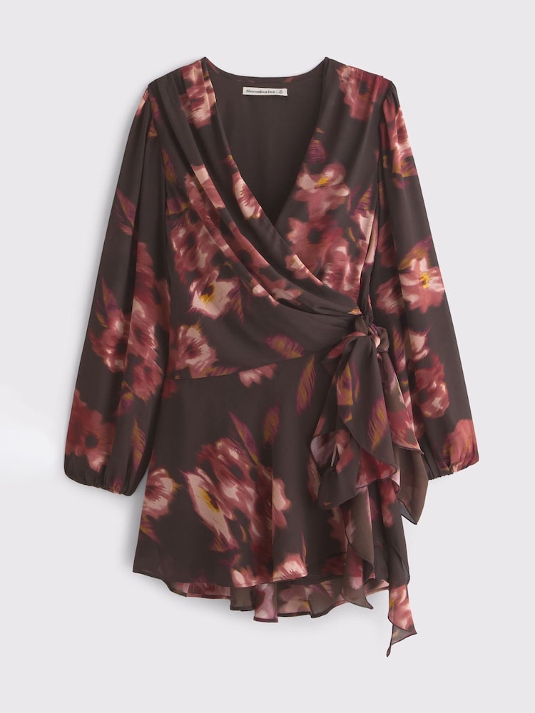 Abercrombie & Fitch Brown Long Sleeve Floral Plunge Wrap Mini Dress - Image 1 of 1