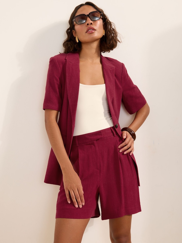 Friends Like These Burgundy Red Tailored Shorts with Linen - Image 1 of 4